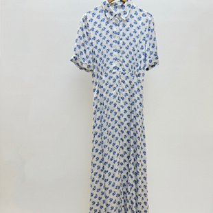 轻薄透气蓝白花卉图案衬衫式长款短袖连衣裙