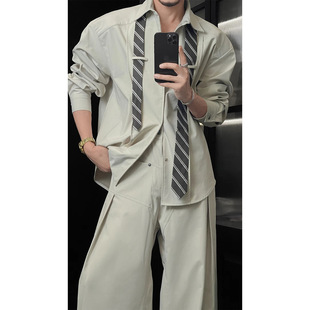 秋季新品原创小众设计款领带衬衫套装男高级感休闲衬衣长裤