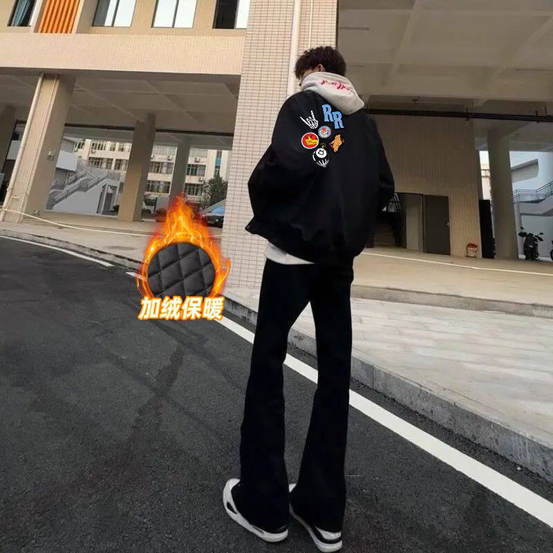 国潮复古美式潮牌印花棒球服加厚夹克潮流男女情侣高街秋冬季外套