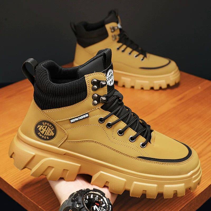 高帮男鞋夏季皮面防水厚底内增高英伦风大黄马丁靴男士登山短靴子
