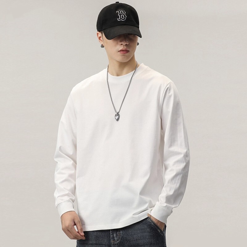 纯棉长袖t恤男春秋款基础款纯色内搭体恤宽松男士白色打底衫上衣