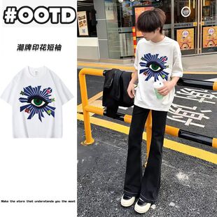美式复古眼睛印花纯棉短袖t恤男女夏季潮牌高街痞帅半袖宽松上衣