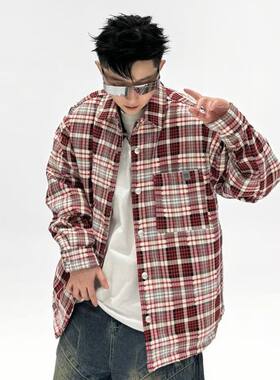 国标羽绒服情侣款美式复古港风男士痞帅长袖格子衬衫休闲毛呢衬衣