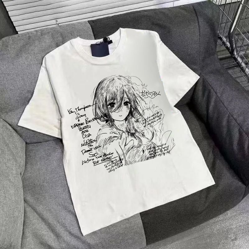 白色纯棉重磅日系手绘漫画风印花短袖夏季男女情侣ins宽松上衣T恤