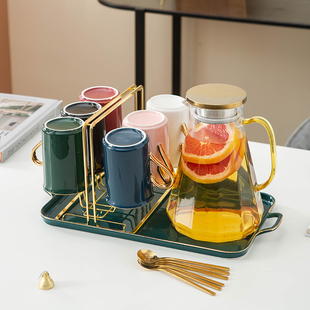 高颜值家用轻奢水杯套装北欧ins陶瓷喝水杯玻璃泡茶杯6只装带杯架