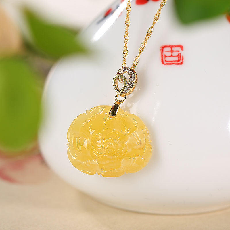 辰锦 s925纯银镀金天然琥珀蜜蜡吊坠复古国风牡丹花毛衣链挂坠