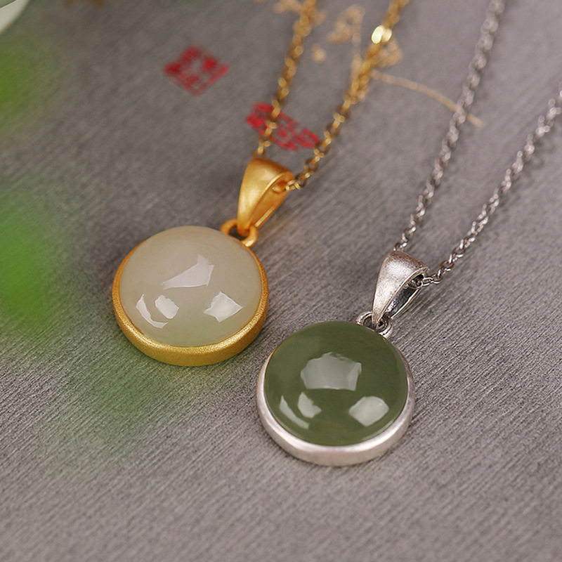 辰锦 s925纯银镀金天然和田玉青玉简约吊坠平安喜乐复古个性挂坠