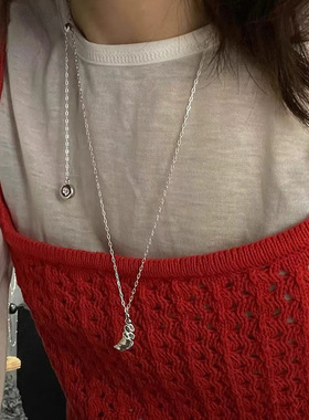 925纯银牛角包甜甜圈项链女简约时尚个性抽拉式链条锁骨链0907G