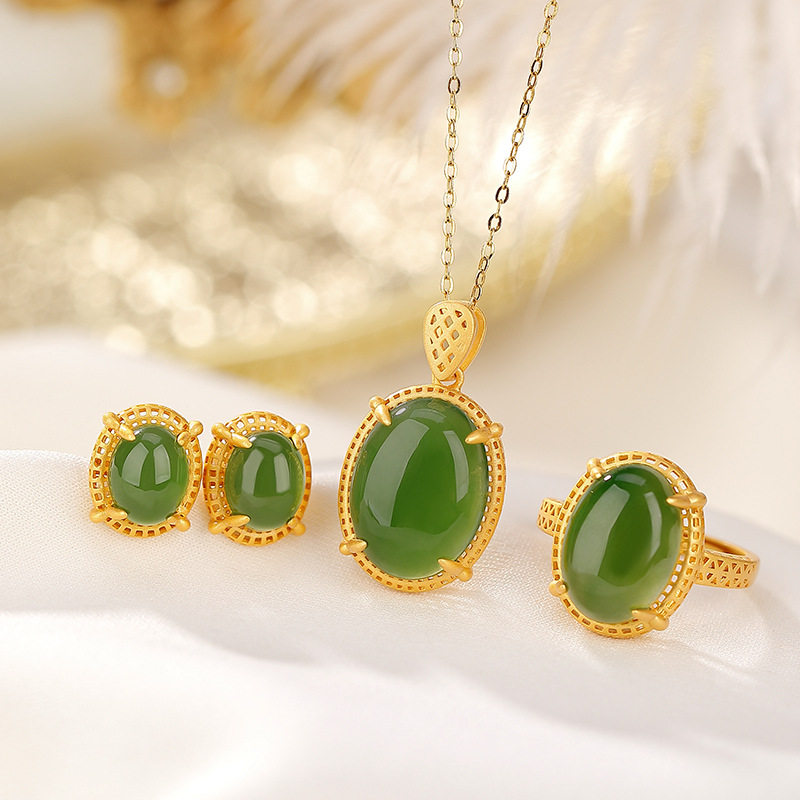 辰锦 s925纯银镀金和田玉碧玉复古简约几何镂空蛋面戒指耳钉吊坠