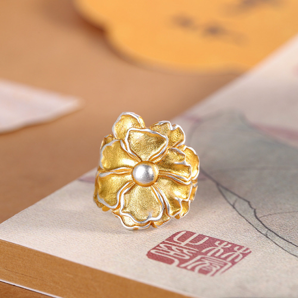春锋似瀚 足银999.9复古民族风描金石榴花戒指个性国潮大气指环