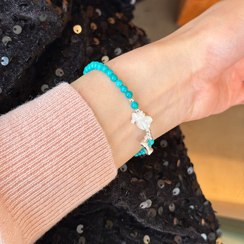 925纯银小狗骨头合成松石串珠手链女简约手工设计百搭手环B3334
