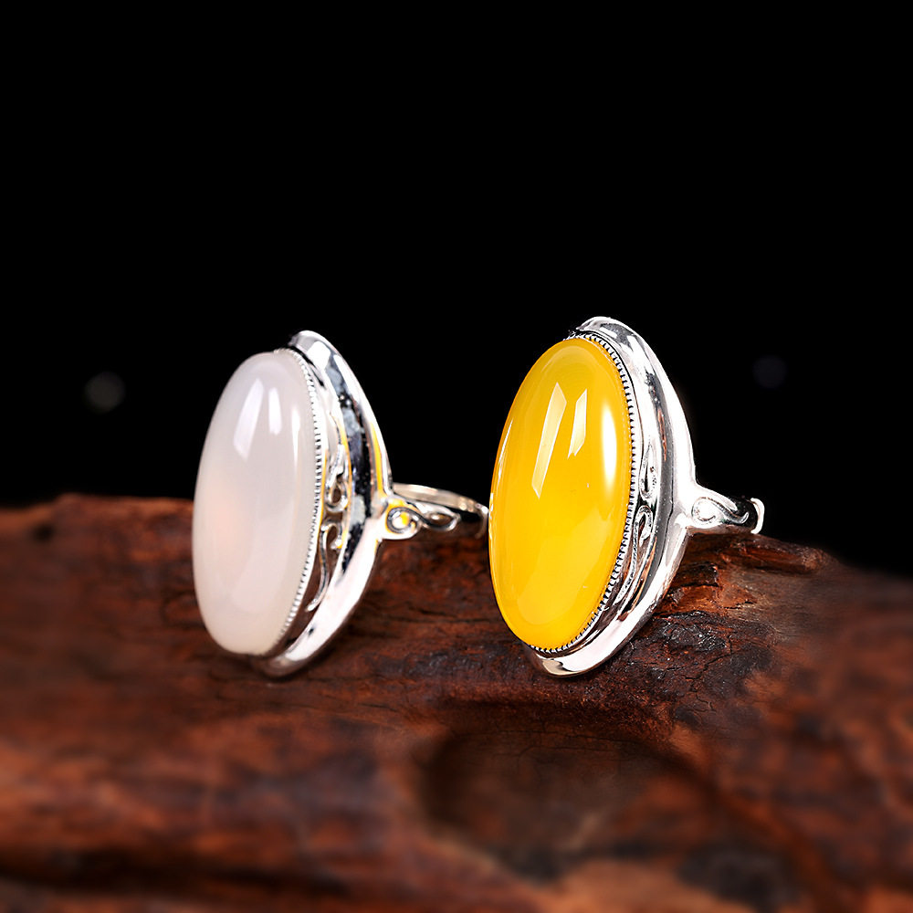 春锋似瀚s925银镶嵌几何元素玉髓戒指时尚简约女式百搭开口指环