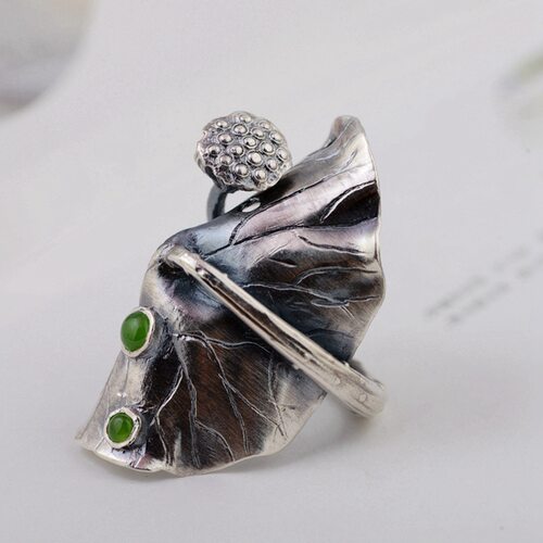 春锋似瀚足银复古工艺指环女款荷叶莲花开口中食指个性银饰戒指