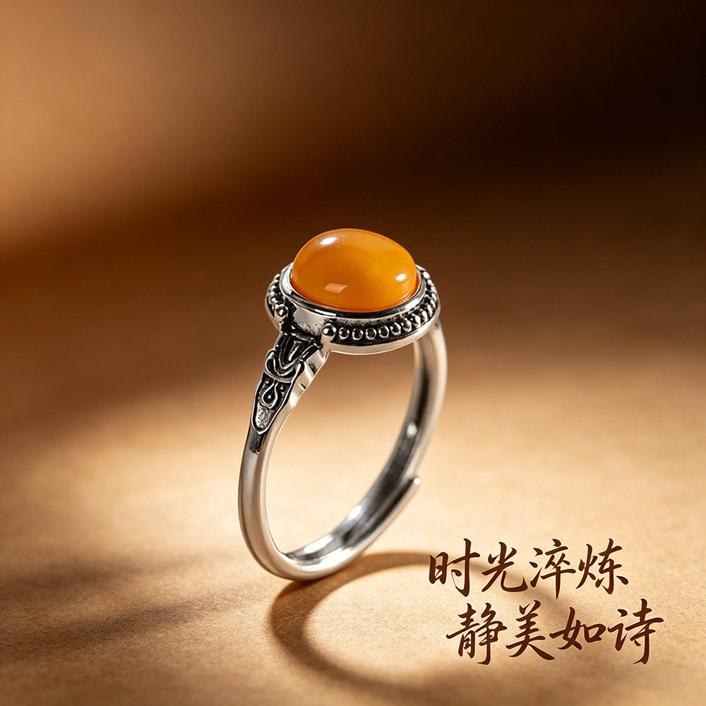春锋似瀚s925银镶蜜蜡戒指文艺复古做旧开口女士百搭指环食指戒