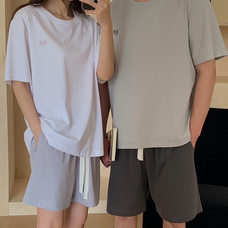 杜小宅遛弯衣T恤女宽松棉短裤运动休闲套装两件套情侣装可外穿