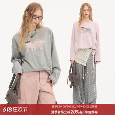 DIDDIMODA斑驳小象刺绣长袖棉质圆领宽松型公主风T恤女士