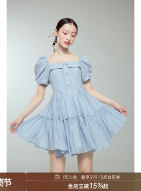 【清仓特惠】DIDDI 原创设计蓝色纱裙方领在逃公主泡泡袖连衣裙