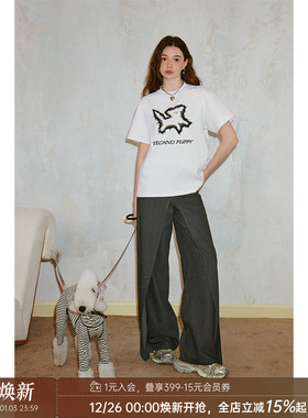 DIDDI MODA电音炸毛小狗印花T恤圆领宽松落肩垂感舒适短袖上衣女