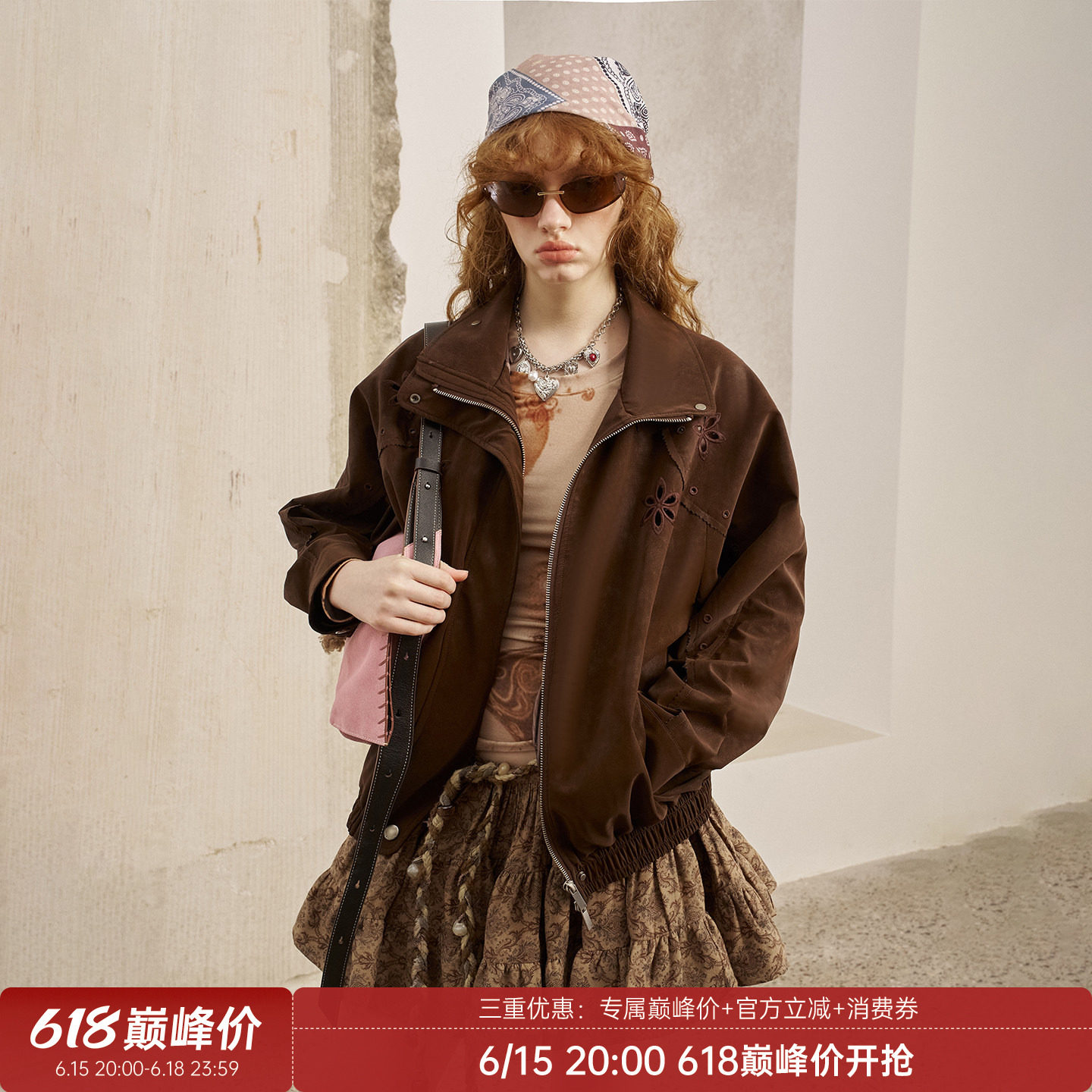 DIDDIMODA 镂空绣花挺括立领宽松长袖夹克皮衣外套女2025秋季新款