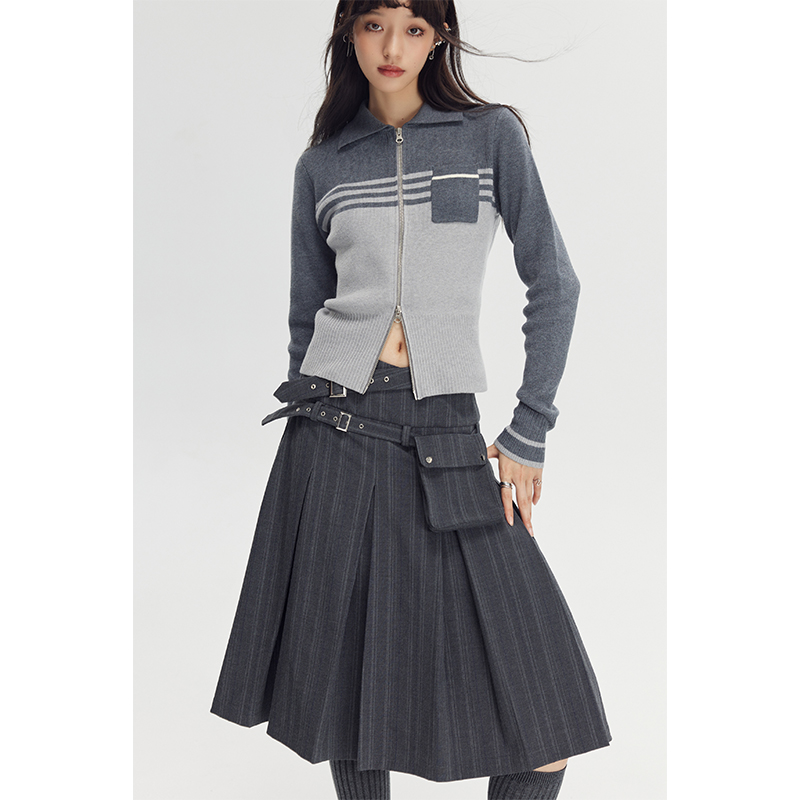 复古双拉链撞色打底针织衫