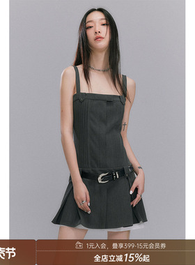 【清仓特惠】DIDDI拼接辣妹简约短裙灰色学院抹胸吊带连衣裙春