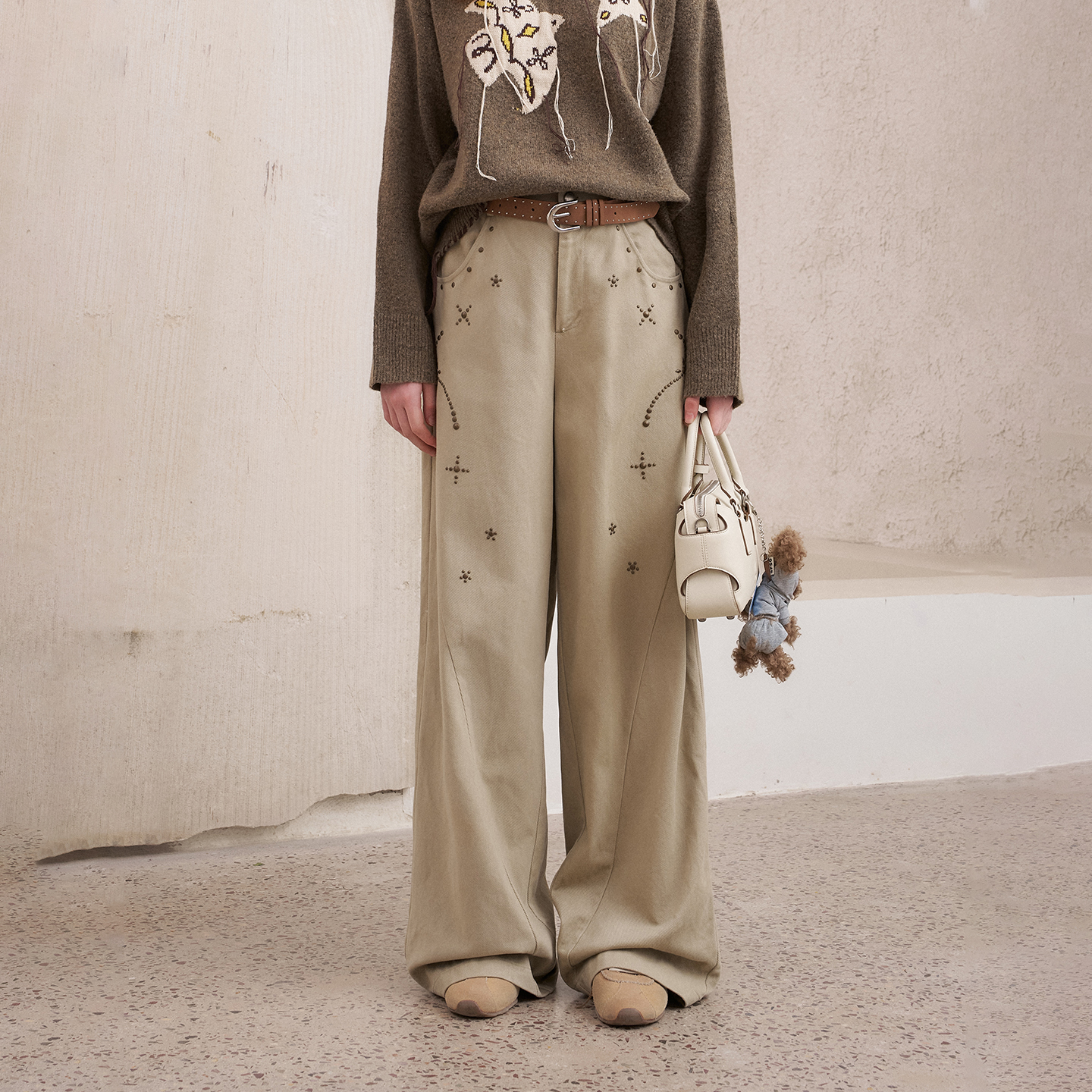 DIDDIMODA 仿烫钻直筒宽松长裤垂感高腰独特阔腿裤秋冬新款