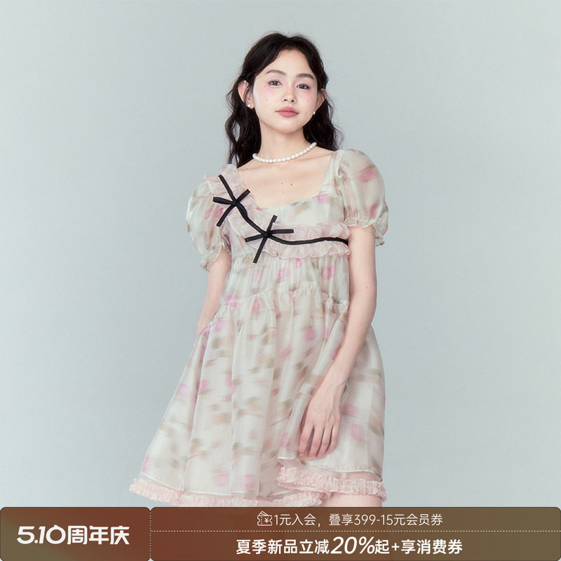 【清仓特惠】DIDDI 原创设计 甜美泡泡袖蝴蝶结碎花裙花边公主裙