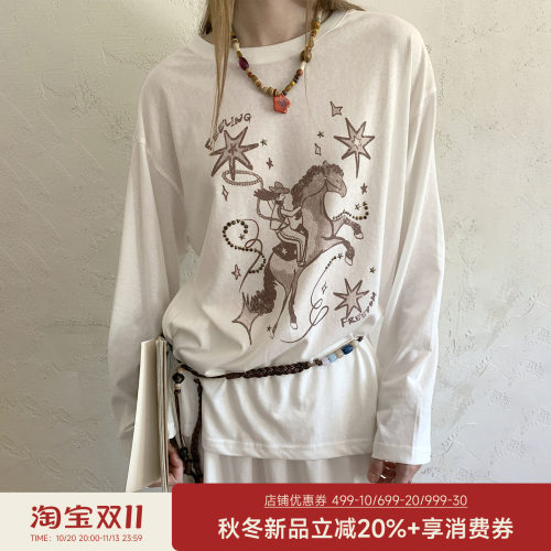 DIDDIMODA圆领宽松舒适百搭西部牛仔复古铜色烫片长袖t恤女薄款夏