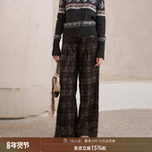 DIDDIMODA 波西米亚风休闲裤 肌理感直筒宽松格纹长裤 翻边格子裤