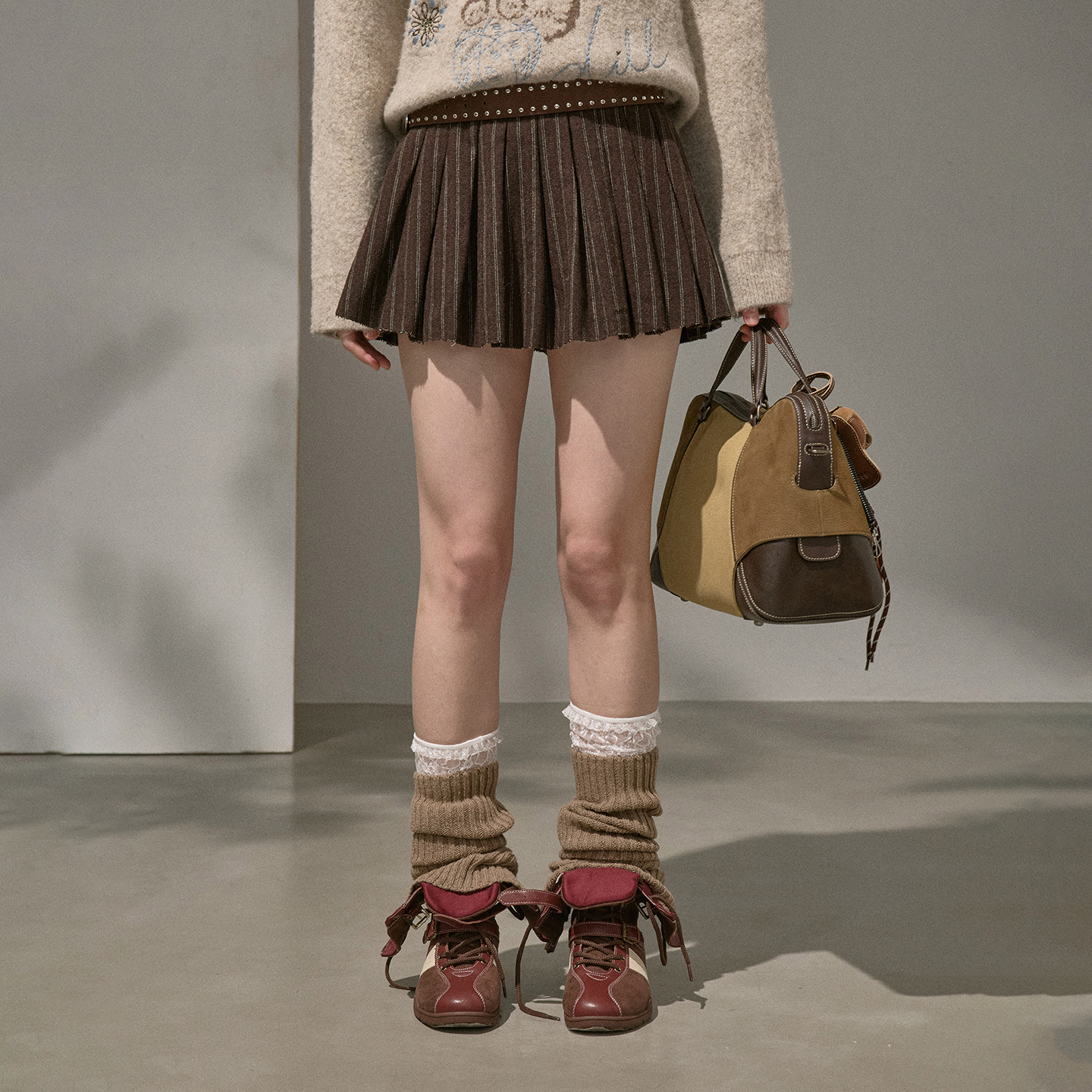 DIDDIMODA 呢料百褶蓬蓬裙条纹显腿长短款半身裙女冬季新款