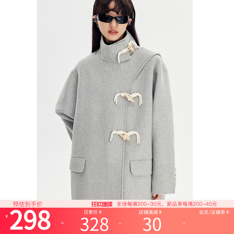 【秋冬福利款】简约牛角扣毛呢外套女秋冬中长款双面羊毛大衣