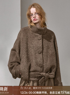 DIDDI MODA 花苞立领呢子羊驼毛混纺保暖挺括毛呢大衣女短款