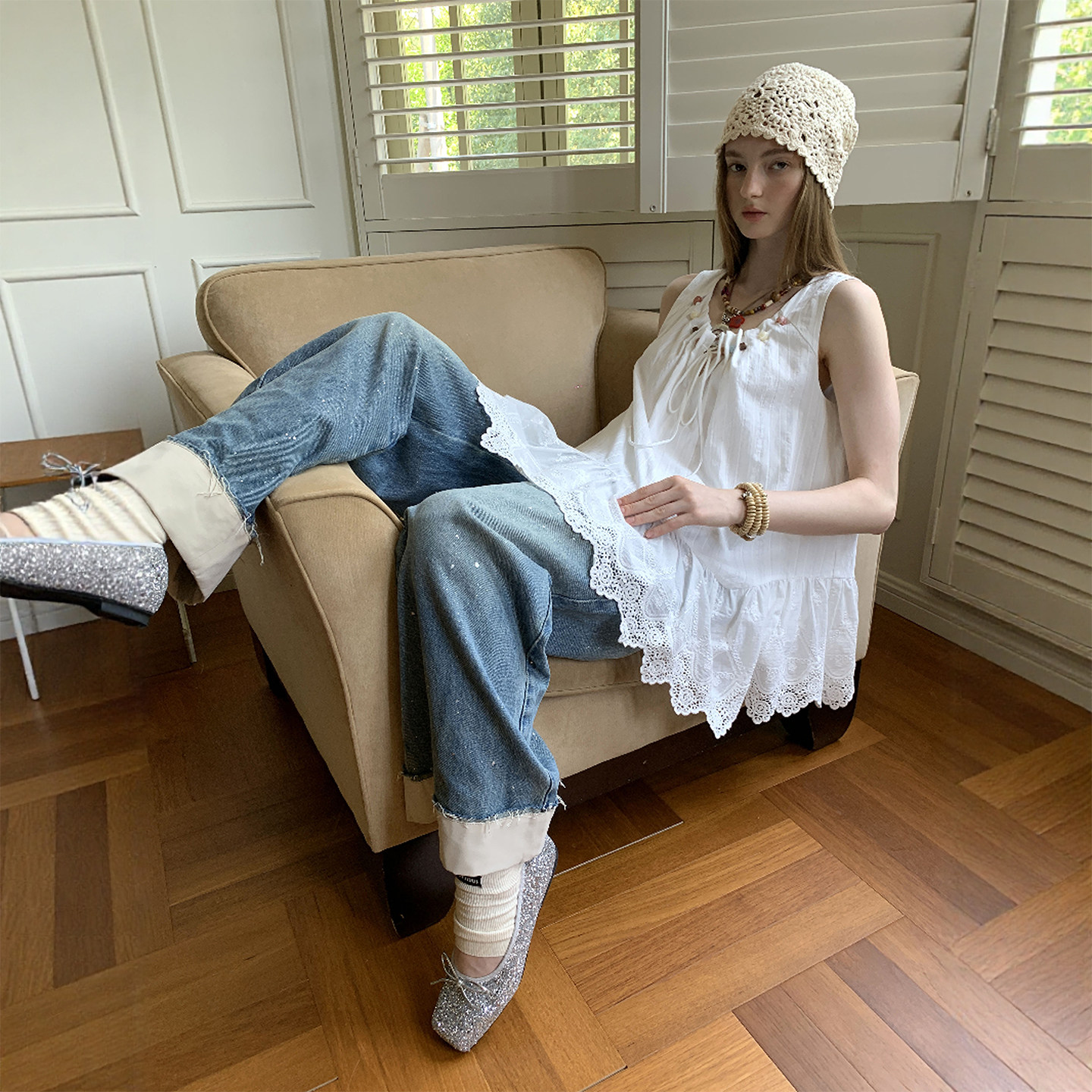DIDDI MODA 浪漫简约休闲宽松透气立体绣花串珠无袖背心裙