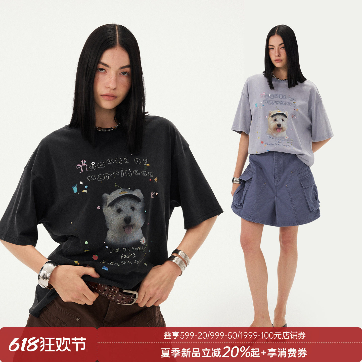 DIDDIMODA卡通贴画彩色烫钻黑色圆领落肩短袖T恤女夏2026新款