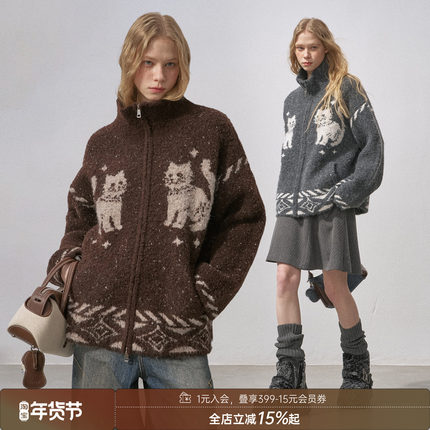 DIDDIMODA 星星小猫可爱圈圈纱提花拉链宽松针织开衫外套