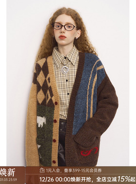 【清仓特惠】DIDDI MODA 复古撞色几何图形V领宽松女款针织开衫