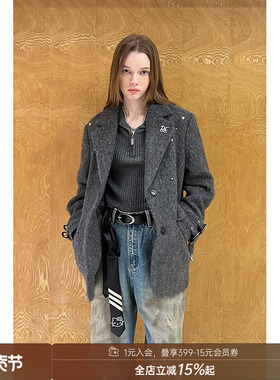 DIDDI MODA原创设计高级感灰色铆钉长绒绵羊毛西装外套垫肩宽松