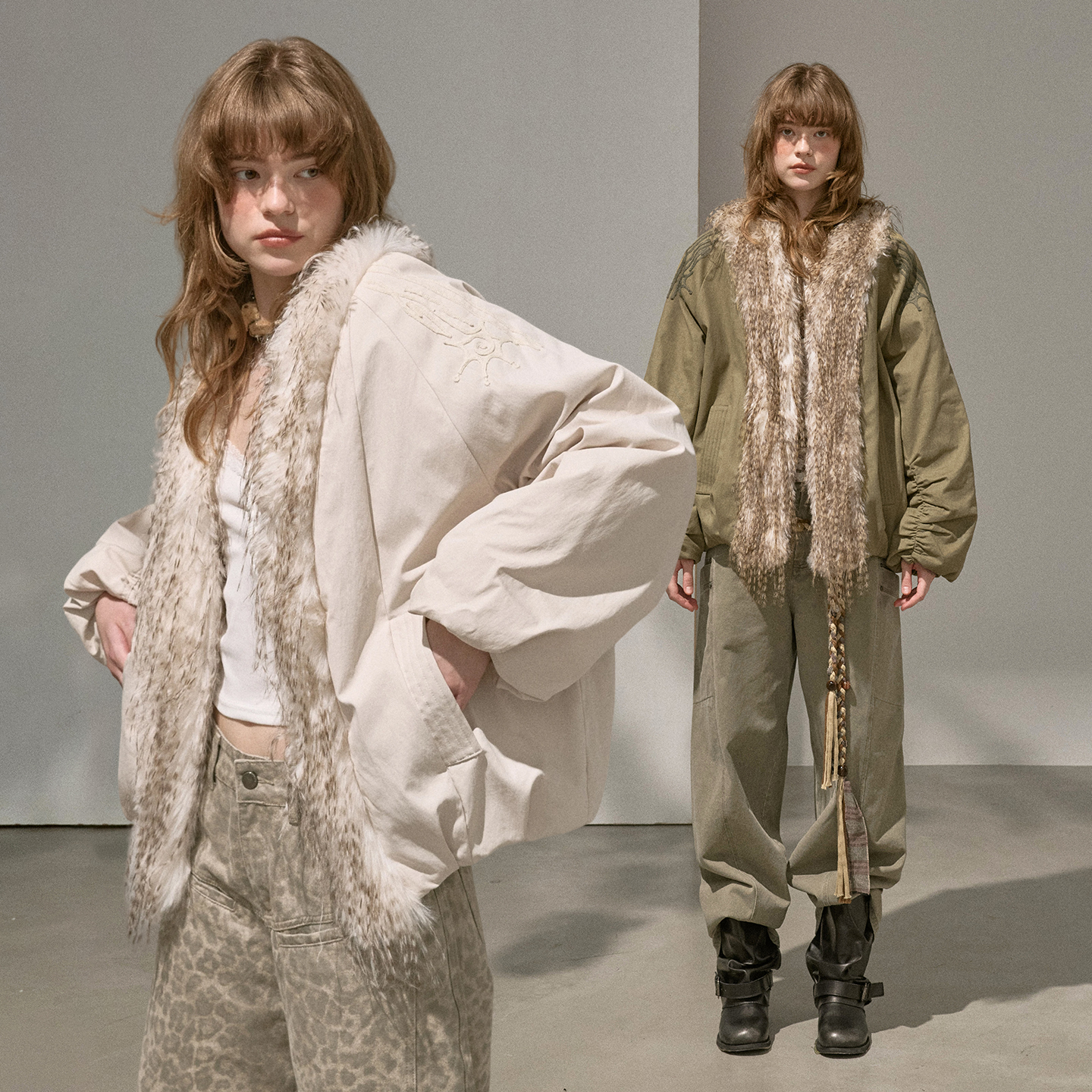 DIDDIMODA 落肩立体时尚简约毛领绣花白色夹克冬季外套棉服女