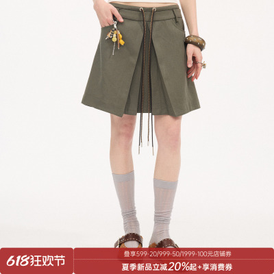 DIDDI MODA撞色绑带打褶A字半裙休闲女款梨型身材遮胯轻奢高级感