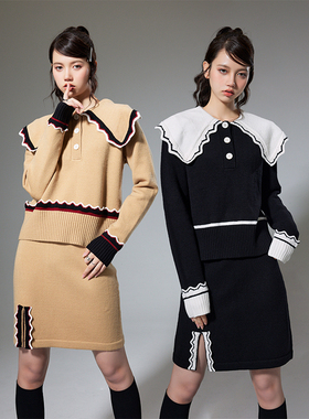 DIDDI 原创设计 经典撞色花边翻领针织套装女针织上衣+半裙两件套