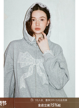 DIDDI MODA可爱蕾丝蝴蝶结灰色连帽卫衣宽松休闲长袖上衣