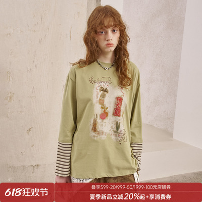 DIDDIMODA 斑驳油画条纹拼接宽松长袖T恤上衣2025早秋新款