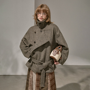 DIDDIMODA 翻领妮子羊毛混纺毛呢大衣女短款双排扣立领呢子大衣