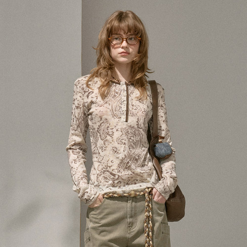 DIDDIMODA 腰果花polo领修身印花长袖打底衫针织套头衫秋冬新款