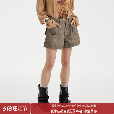 DIDDIMODA 脏染洗水工装立体口袋卡其绿三分短裤女夏2026新款