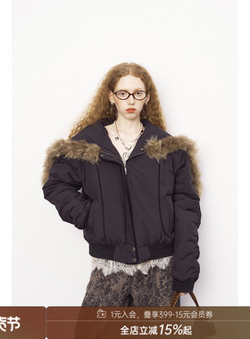 【清仓特惠】DIDDIMODA 大翻领连帽毛毛黑色短款棉服女冬季外套