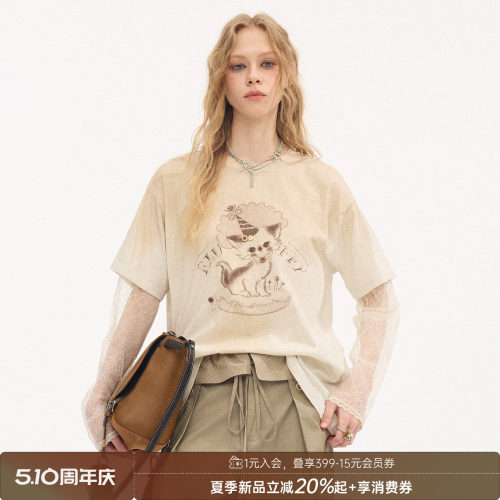 DIDDIMODA蛋糕小猫做旧假两件圆领米色出游短袖T恤女夏2026新款