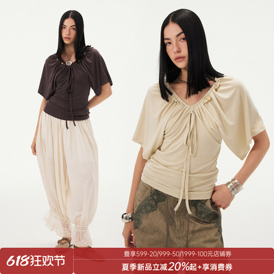 DIDDIMODA复古抽褶V领串珠宽松廓形蝙蝠袖上衣女夏2026新款