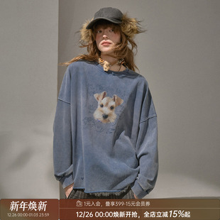 DIDDIMODA 慵懒复古风卫衣 斑驳文字小狗洗水套头宽松长袖