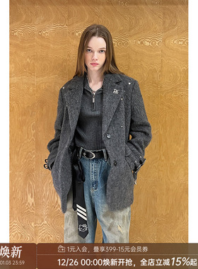 DIDDI MODA原创设计高级感灰色铆钉长绒绵羊毛西装外套垫肩宽松